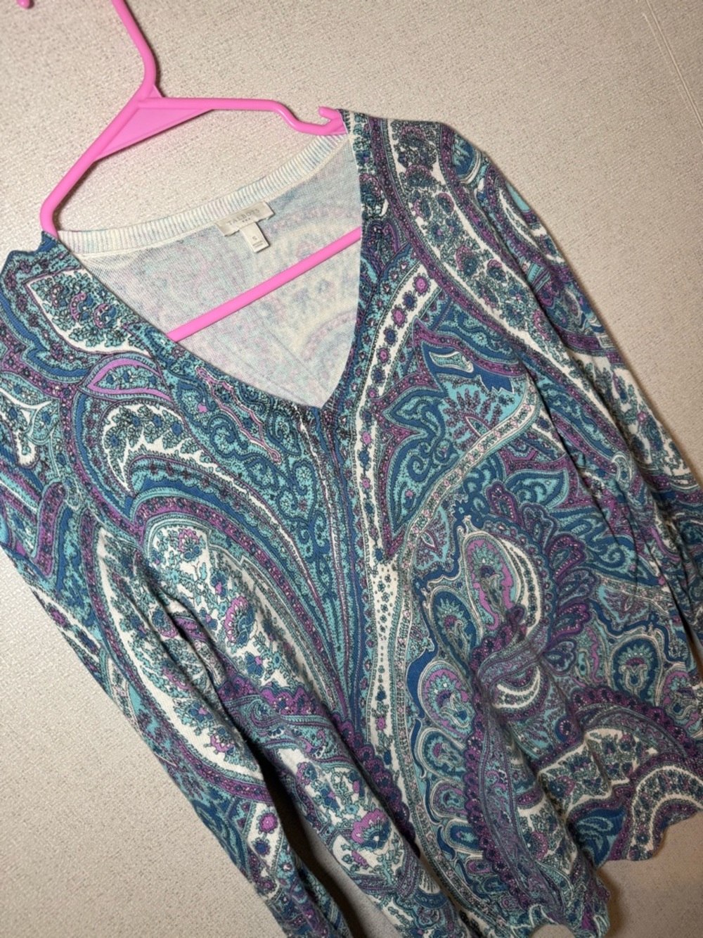 Talbots Paisley V-Neck Long Sleeve Top in Teal & Purple